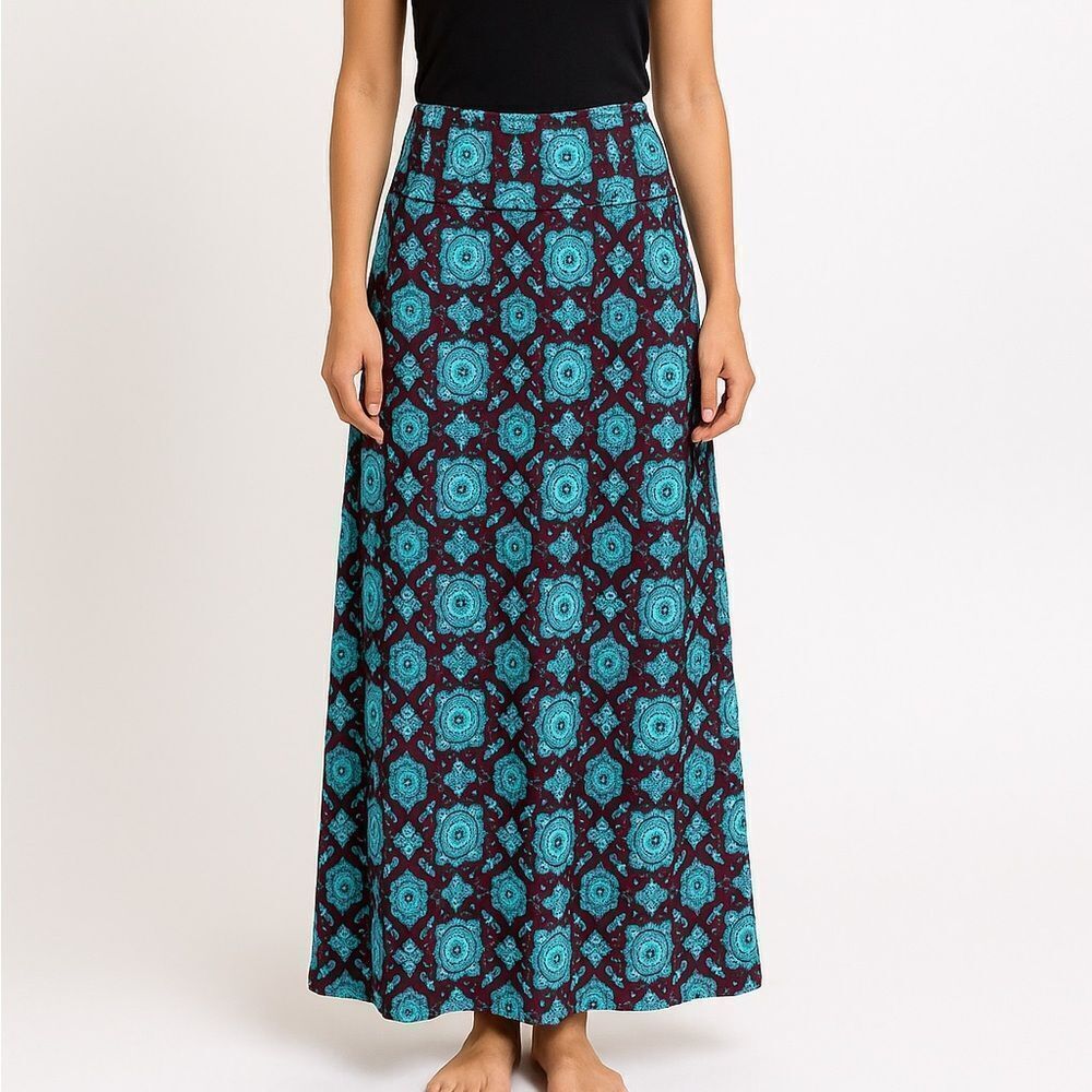LuLaroe Maxi Burgundy and Aqua Fold Over Yoga Style Skirt Size XXS